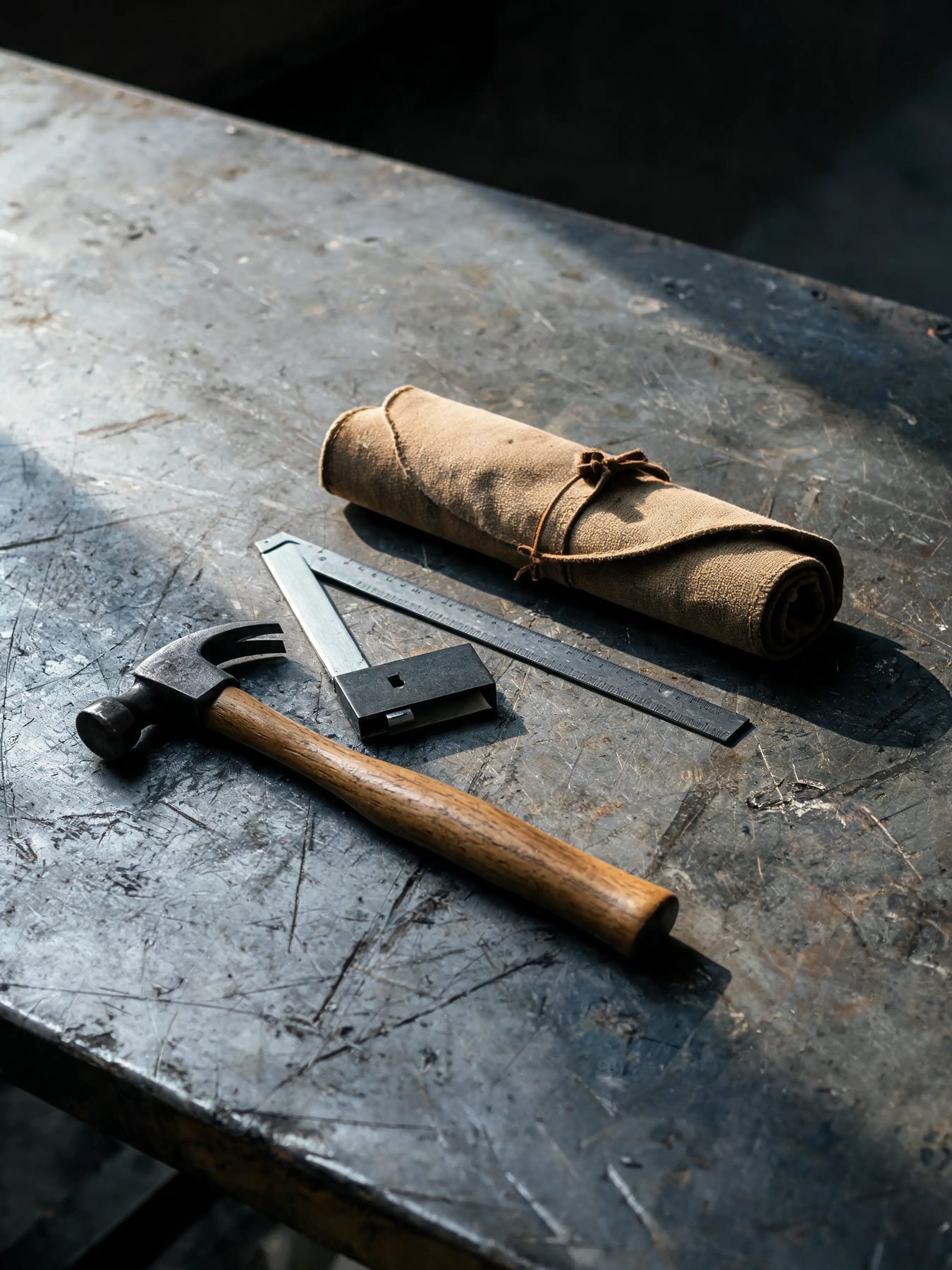 Hammer, combination square and canvas tool roll on a scarred steel bench
