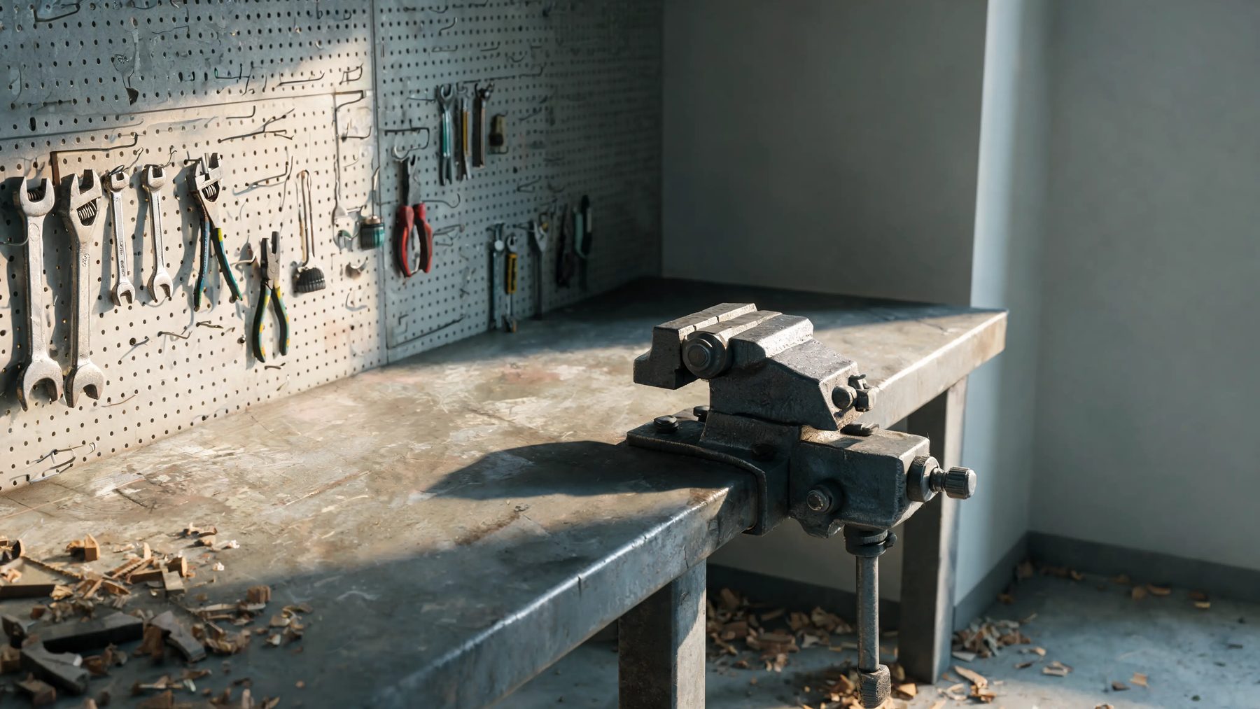 Shop corner with a pegboard wall, a bench vice and shavings on the floor